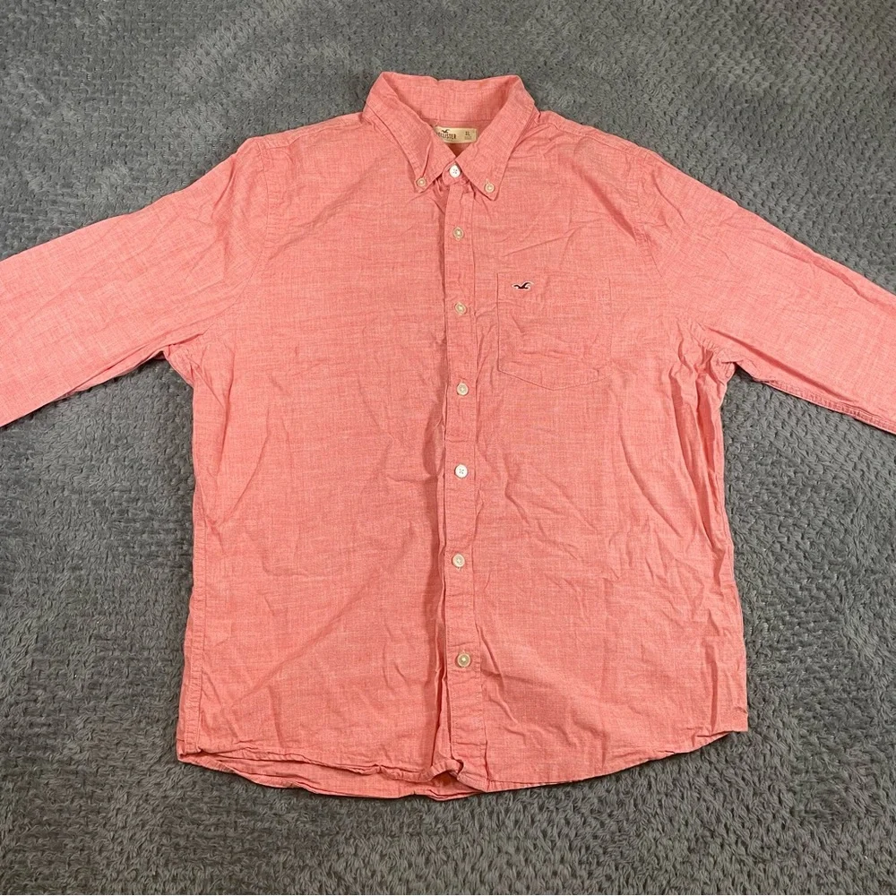 Hollister Men's Shirt Long Sleeve‎ Button Up Pink XL 100% Cotton Preppy Y2K Flaw